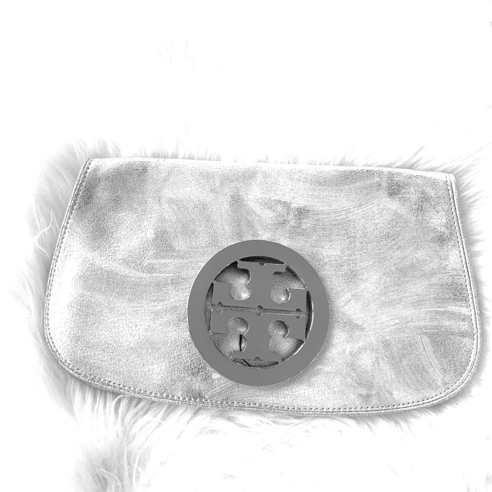 Tory Burch brushed silver leather clutch